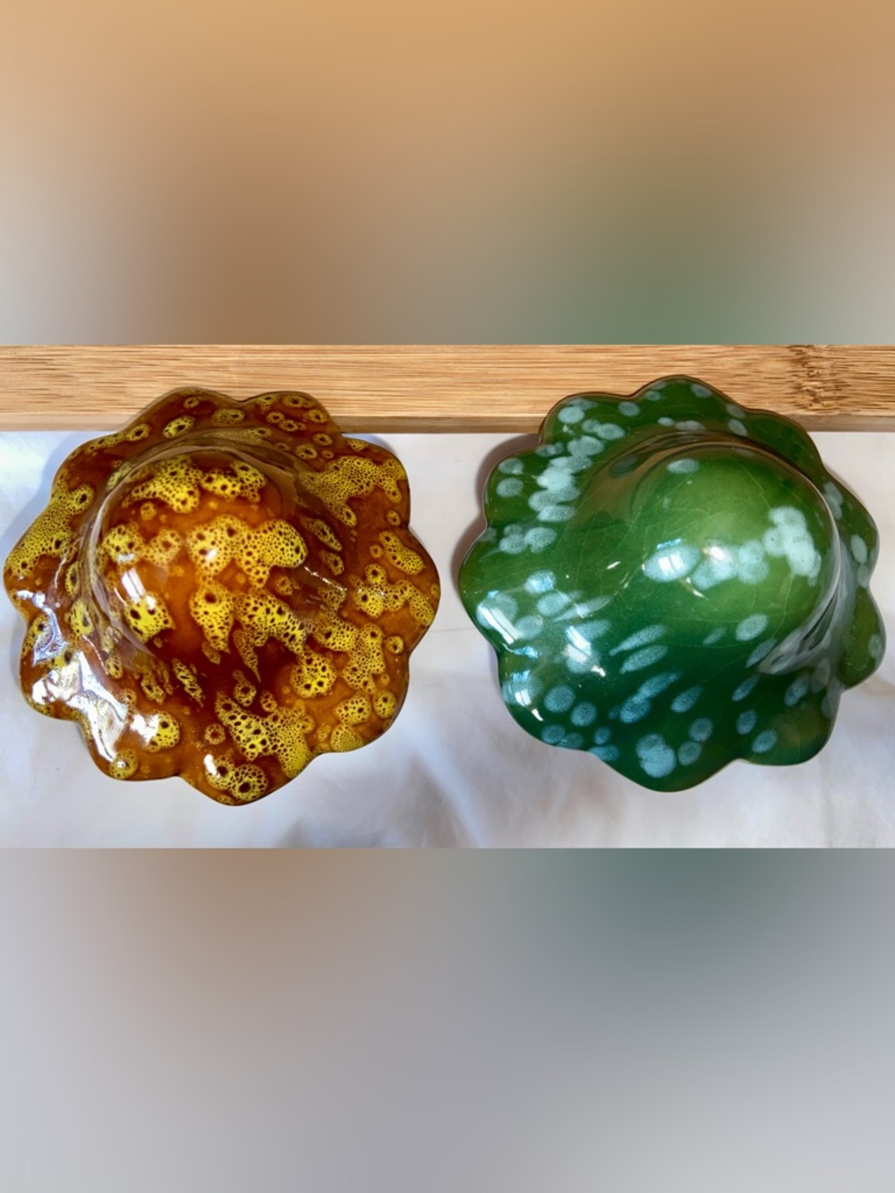 Art Glass Mushrooms/Toadstools Set- Green & Amber Speckled, Hand Crafted/Painted